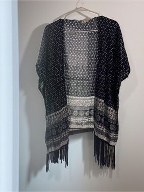 Dark Blue & Cream Patterned Fringe Kimono Cover-Up